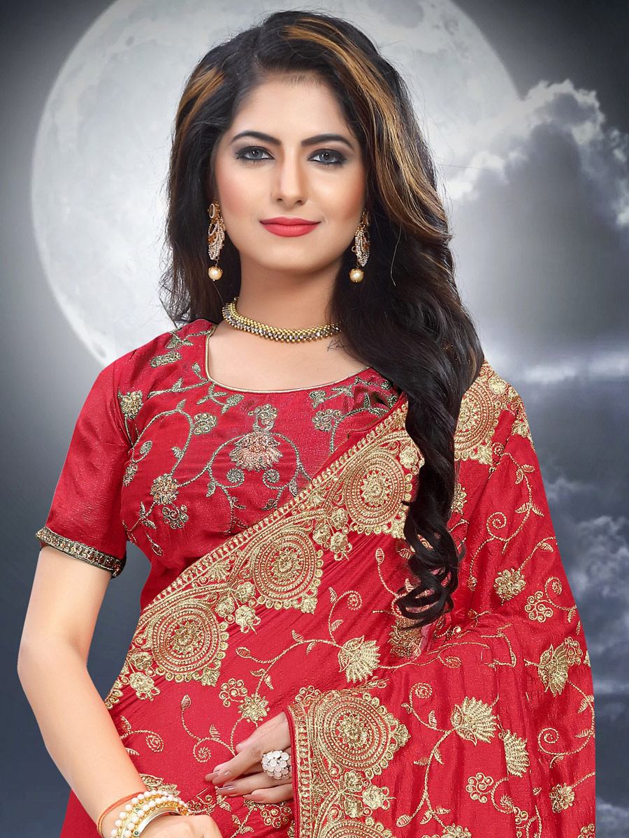 Rose Madder Red Vichitra Silk Embroidered Festival Saree