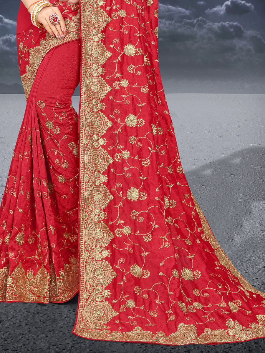 Rose Madder Red Vichitra Silk Embroidered Festival Saree