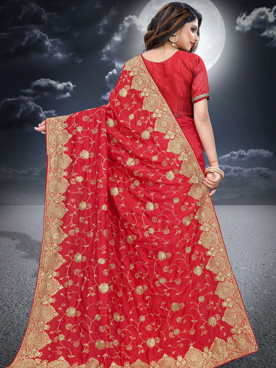 Rose Madder Red Vichitra Silk Embroidered Festival Saree