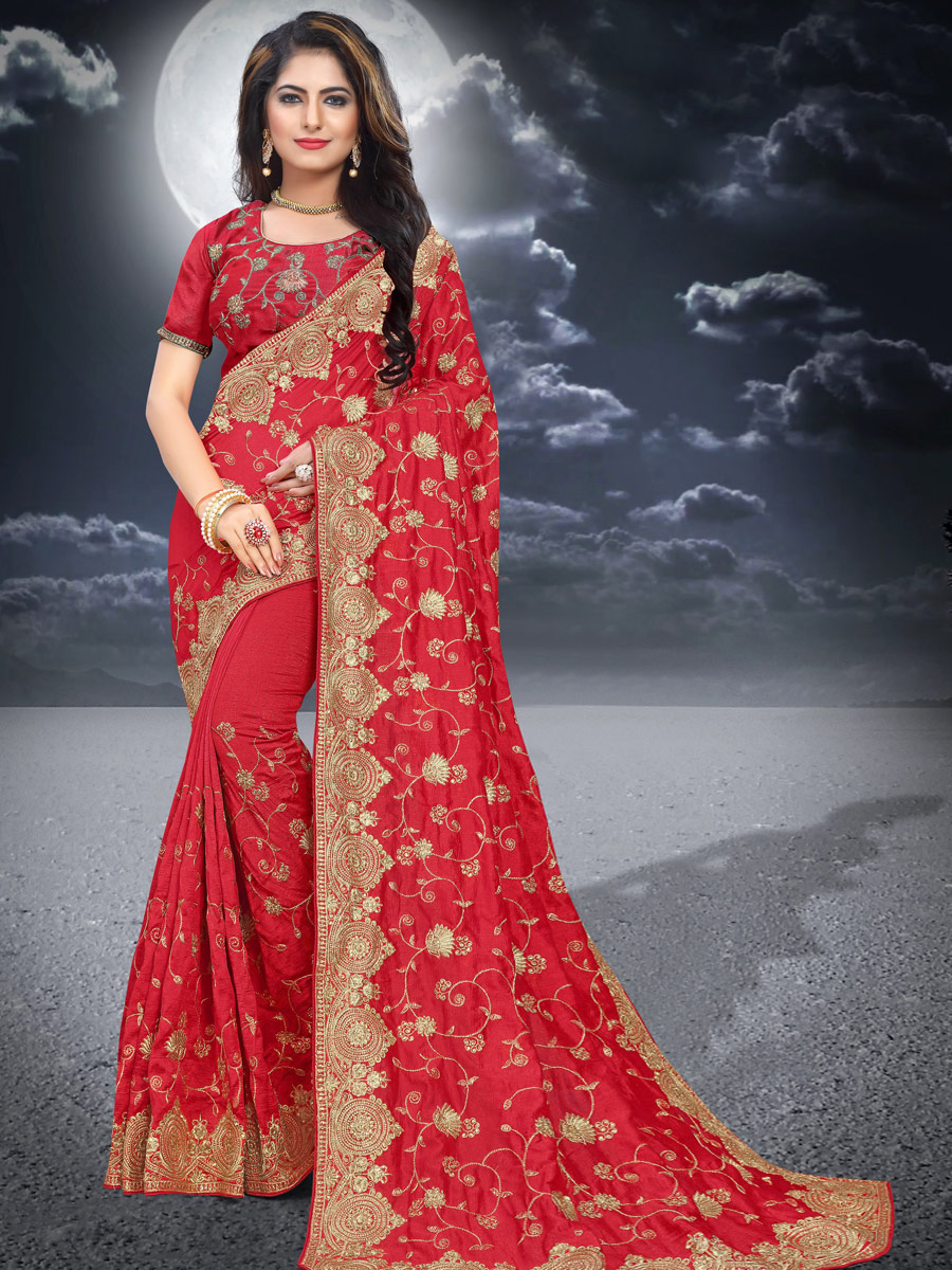 Rose Madder Red Vichitra Silk Embroidered Festival Saree