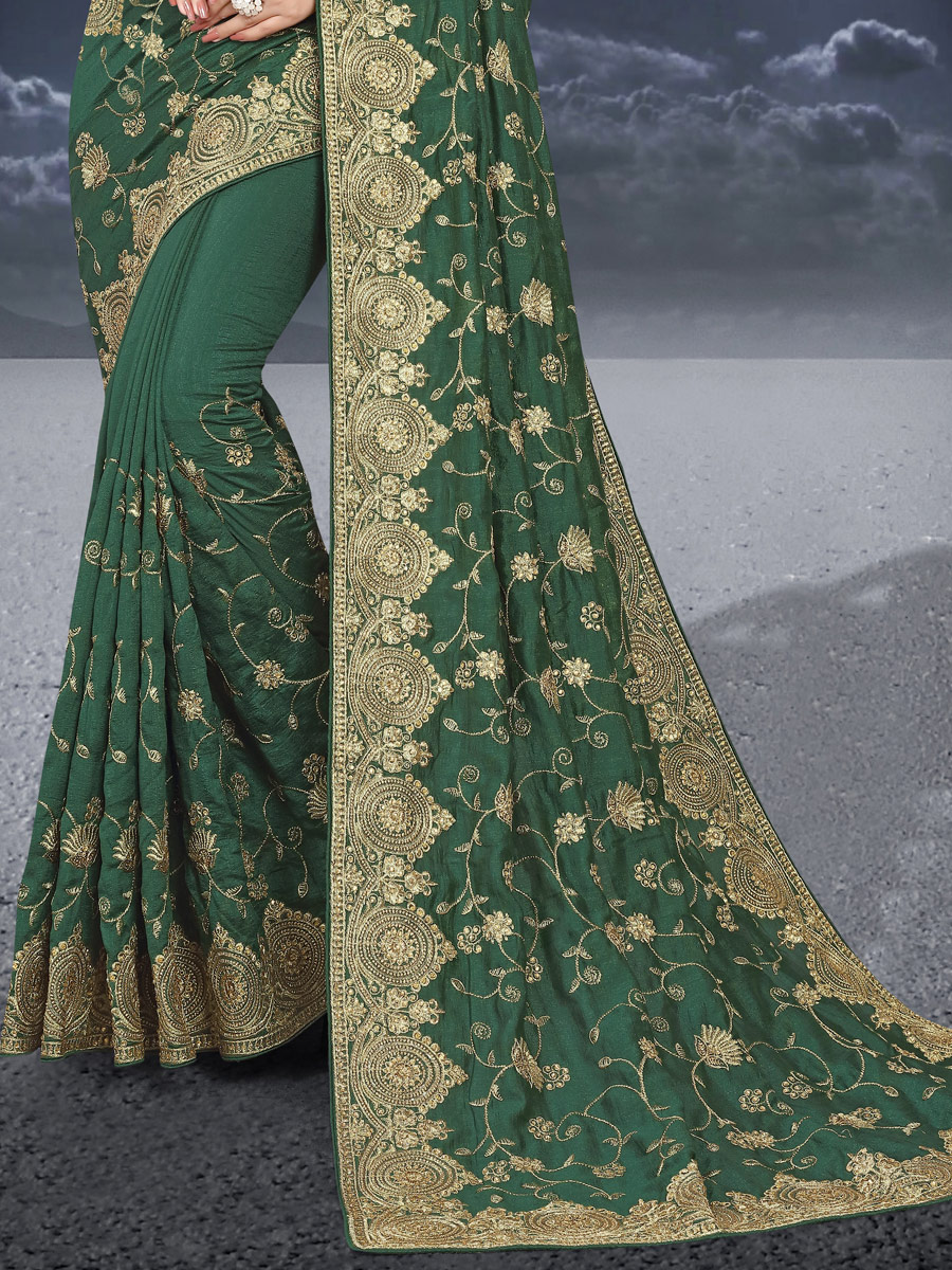 Hunter Green Vichitra Silk Embroidered Festival Saree