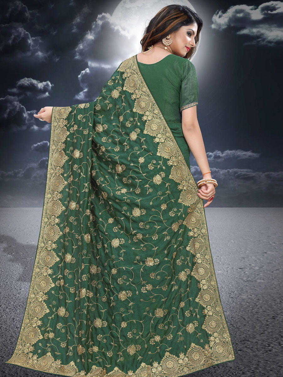 Hunter Green Vichitra Silk Embroidered Festival Saree