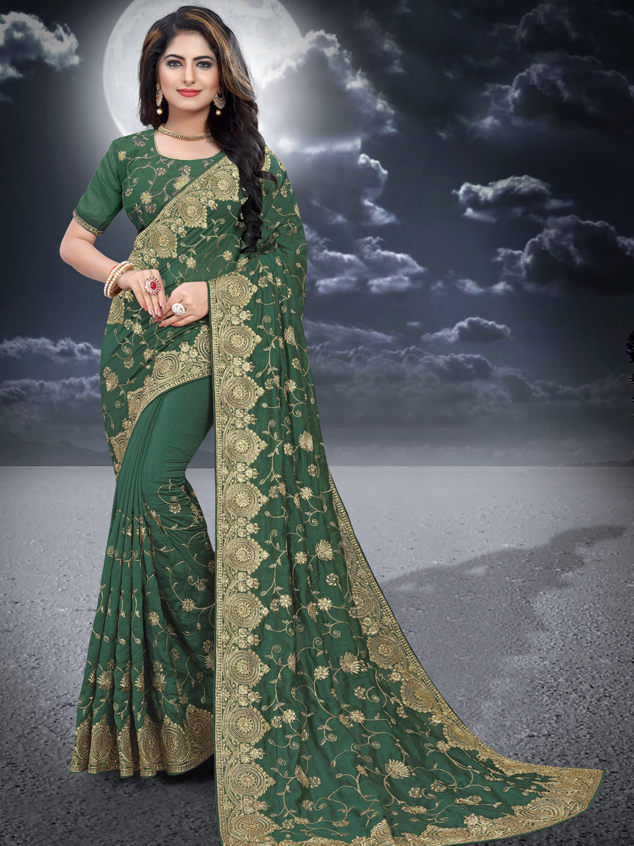 Hunter Green Vichitra Silk Embroidered Festival Saree