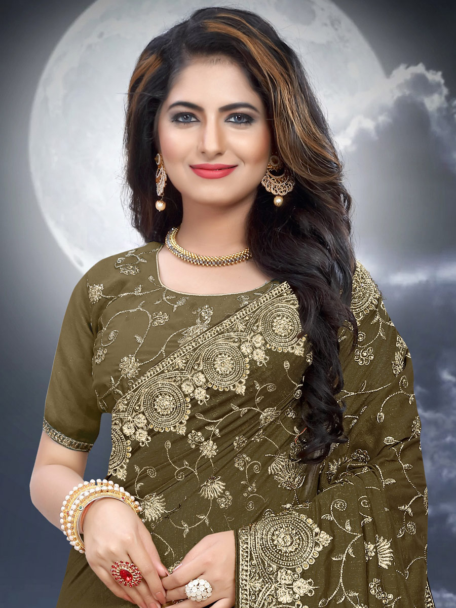 Army Green Vichitra Silk Embroidered Festival Saree