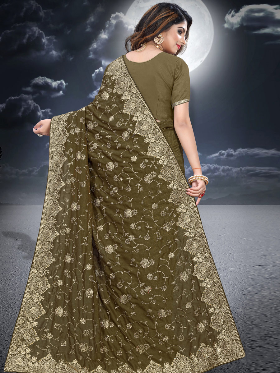 Army Green Vichitra Silk Embroidered Festival Saree