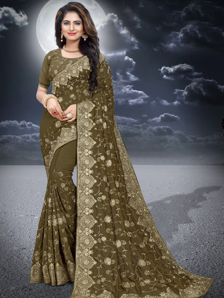Army Green Vichitra Silk Embroidered Festival Saree
