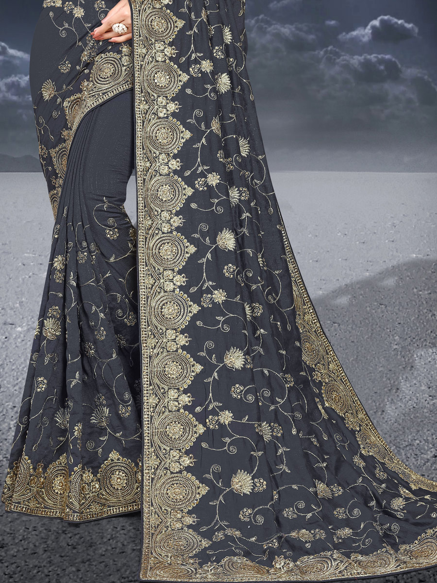Dark Gray Vichitra Silk Embroidered Festival Saree