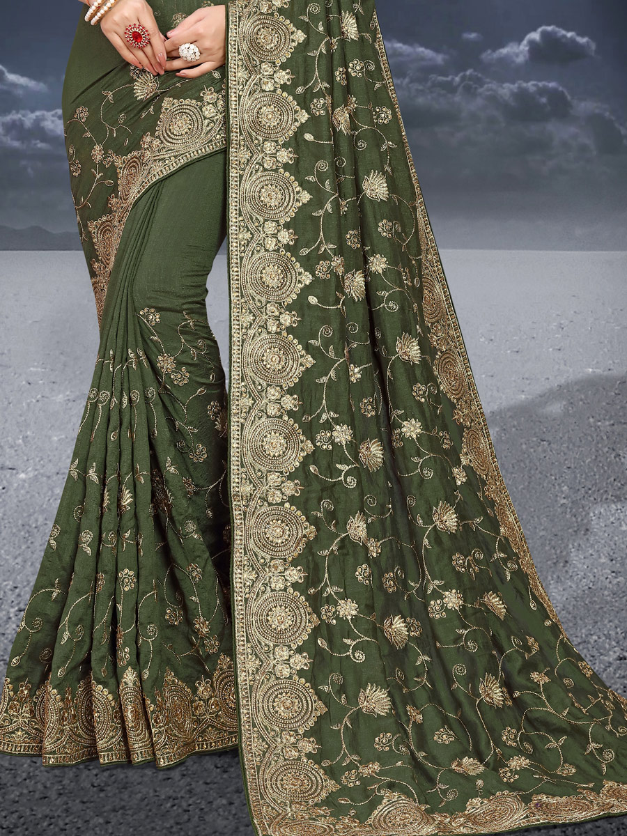 Fern Green Vichitra Silk Embroidered Festival Saree