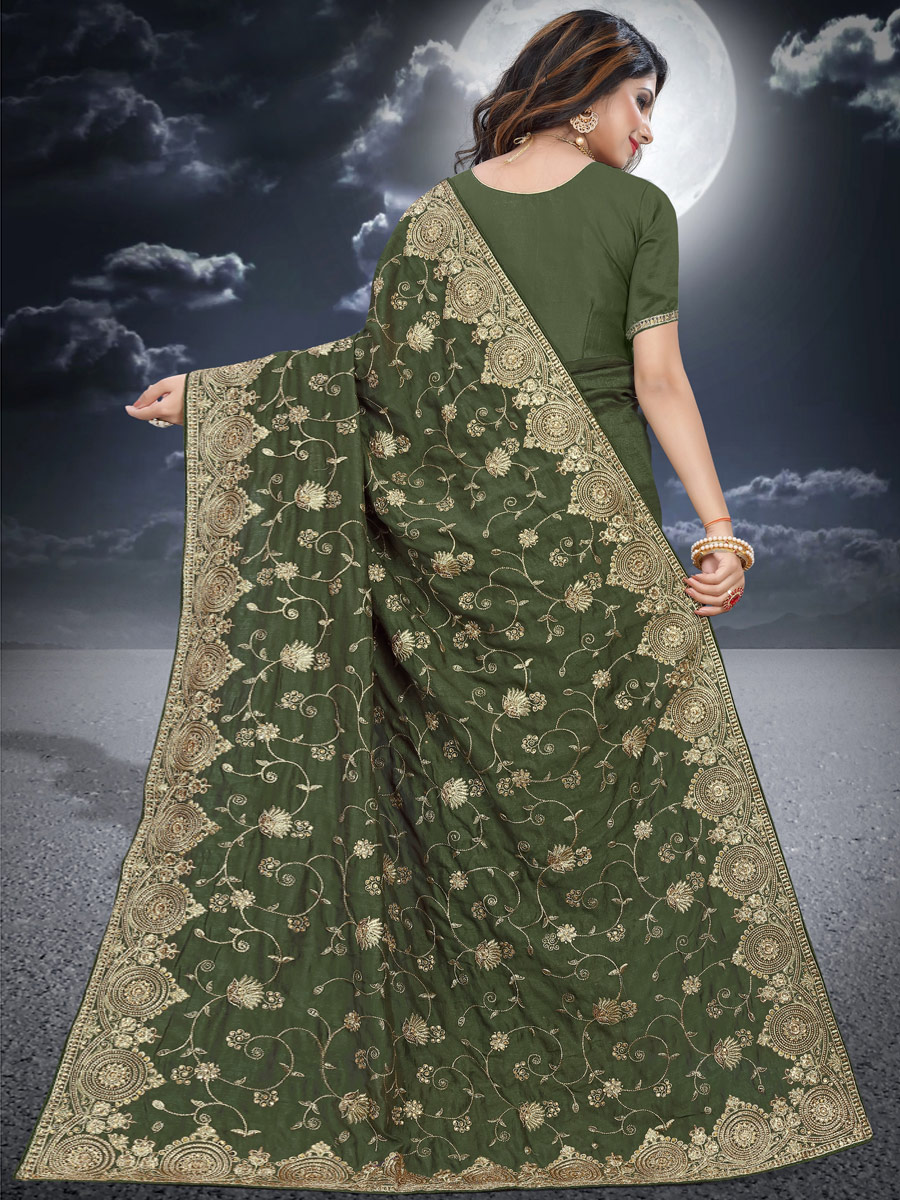 Fern Green Vichitra Silk Embroidered Festival Saree