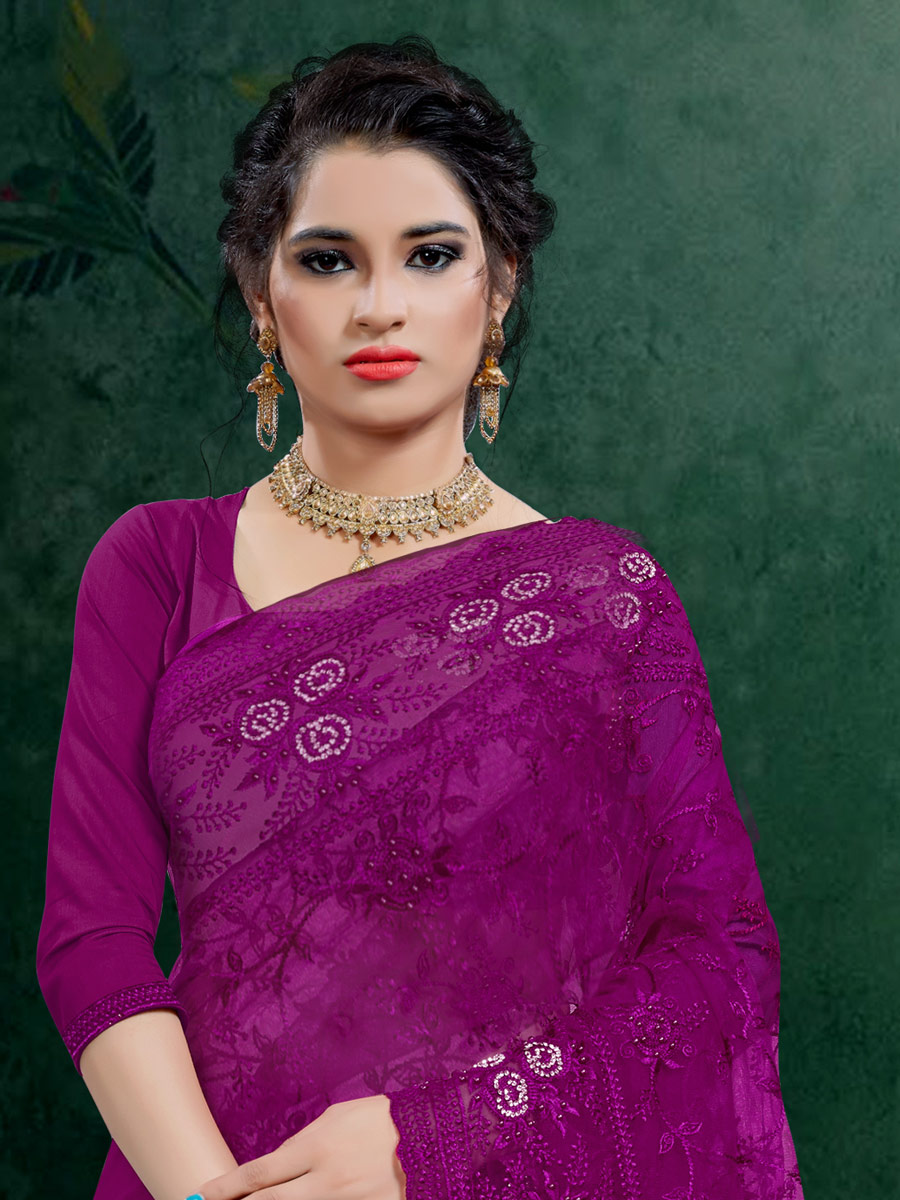 Purple Net Embroidered Festival Saree