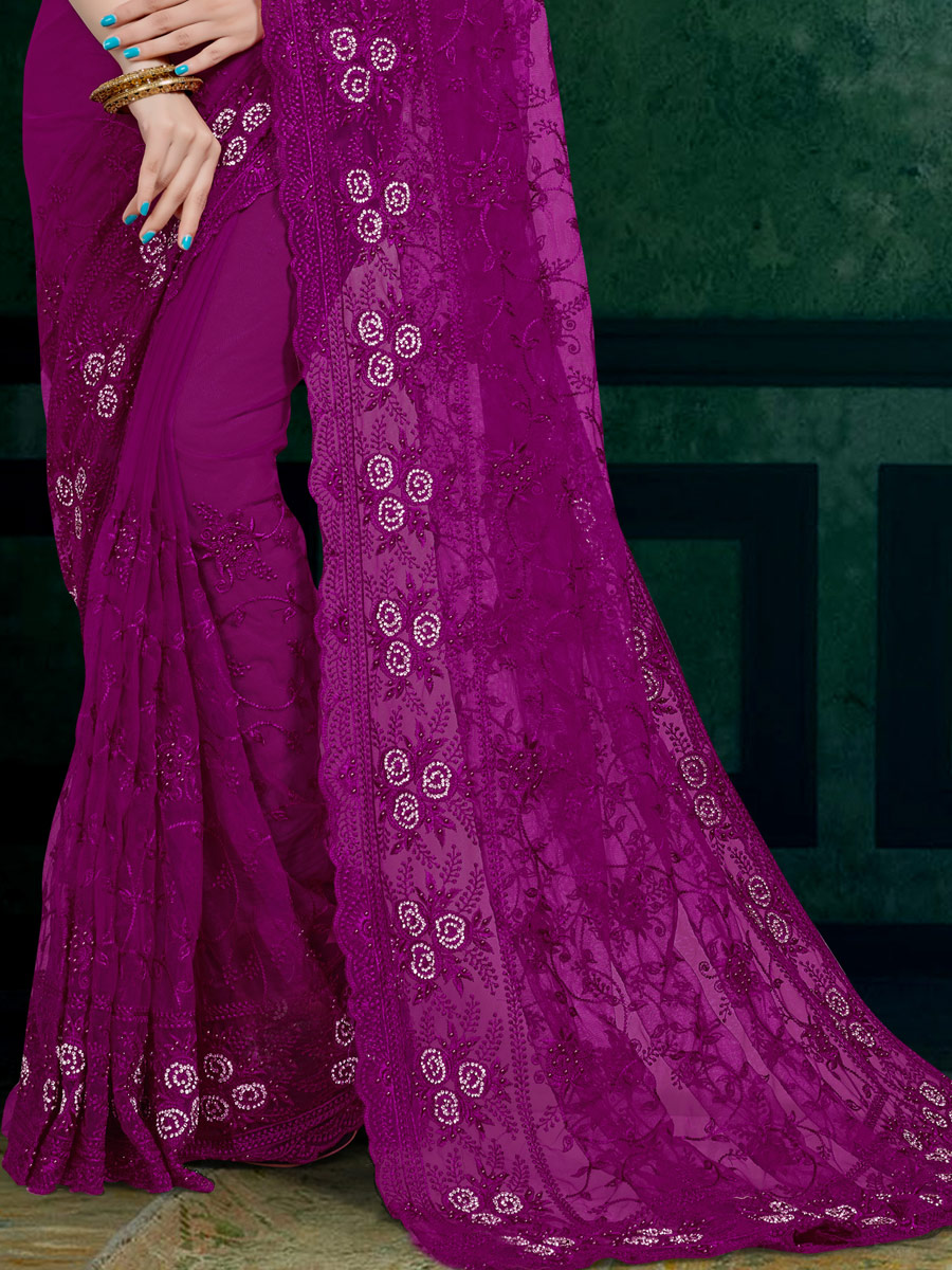 Purple Net Embroidered Festival Saree