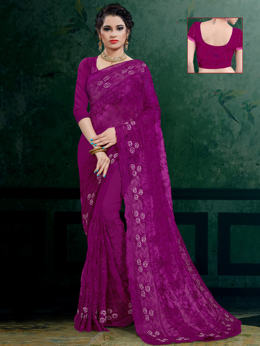 Purple Net Embroidered Festival Saree