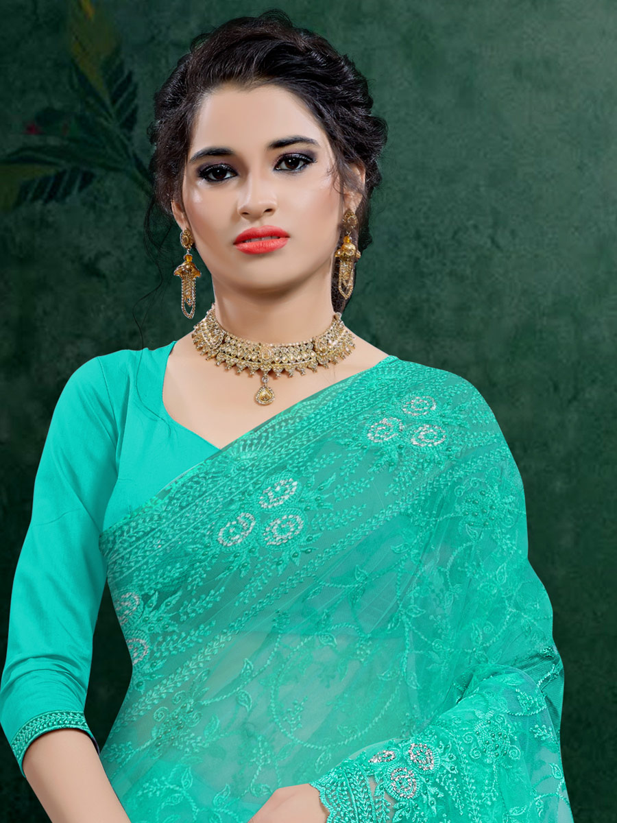 Turquoise Blue Net Embroidered Festival Saree