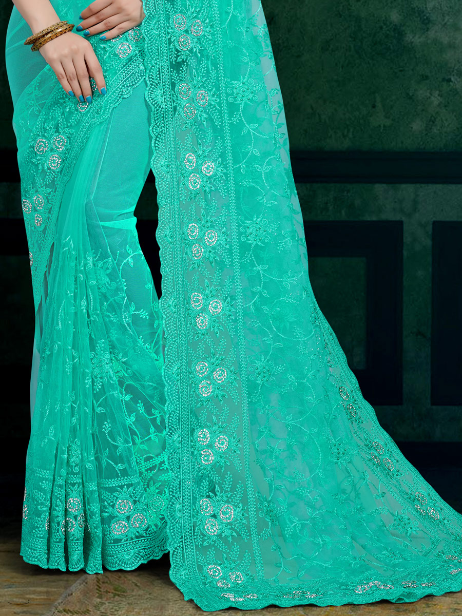 Turquoise Blue Net Embroidered Festival Saree