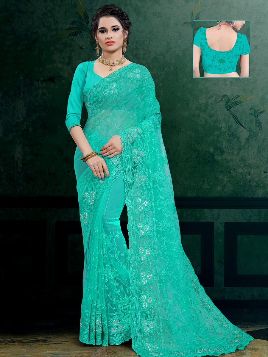 Turquoise Blue Net Embroidered Festival Saree