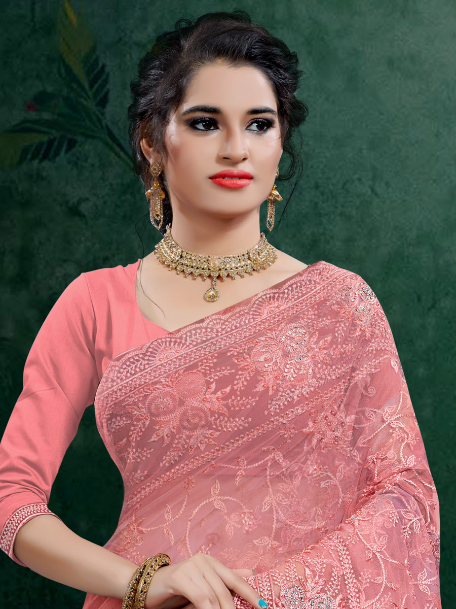 Light Pink Net Embroidered Festival Saree