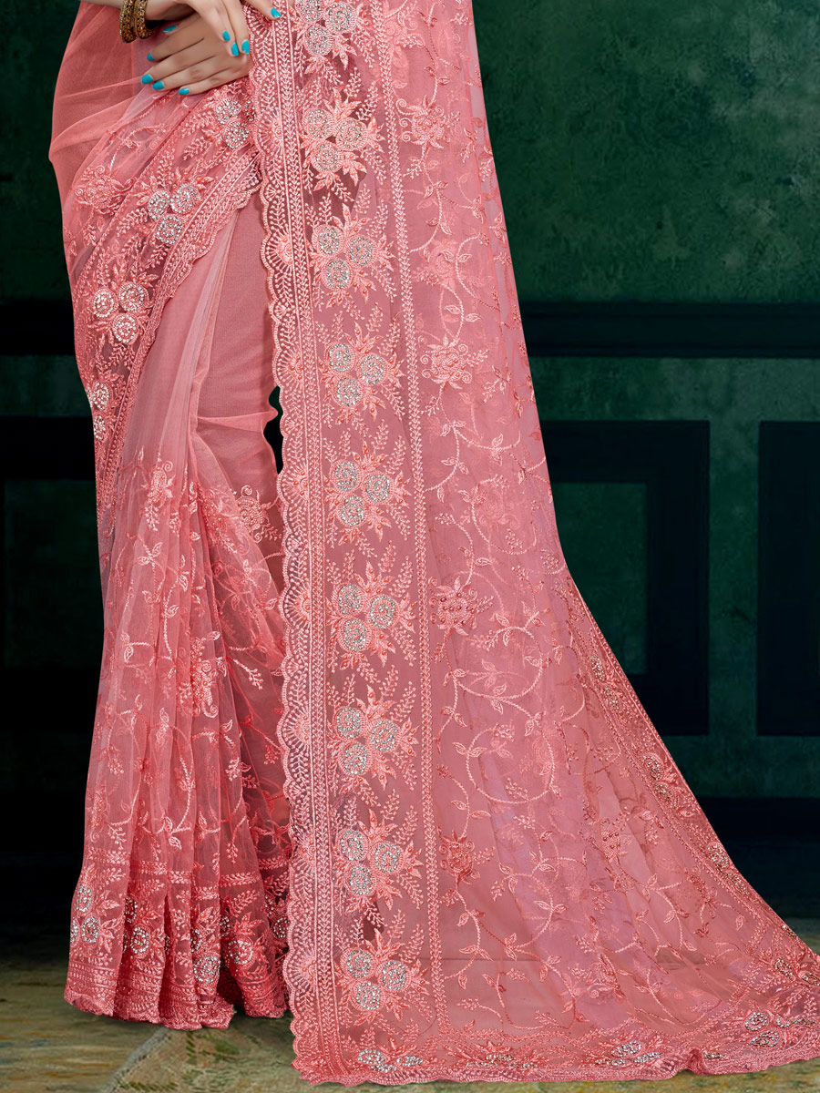 Light Pink Net Embroidered Festival Saree