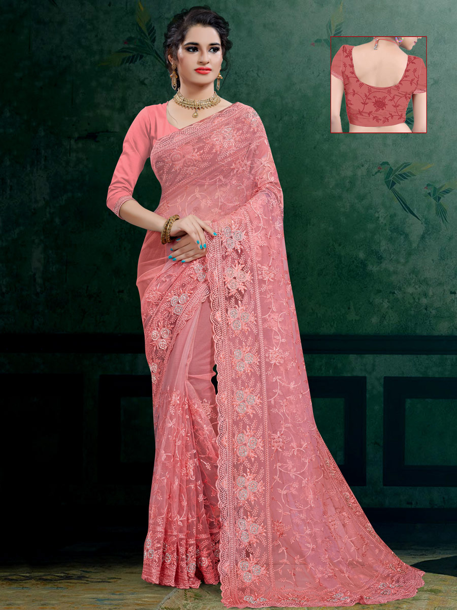 Light Pink Net Embroidered Festival Saree