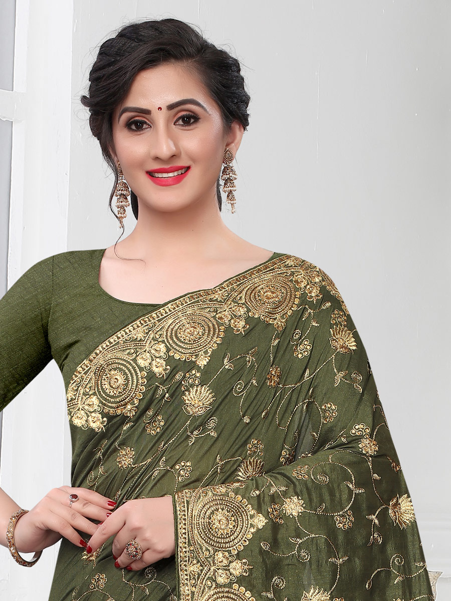 Olive Green Vichitra Silk Embroidered Party Saree
