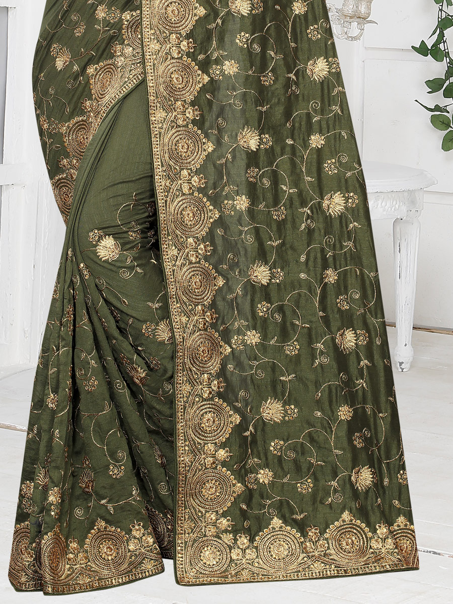 Olive Green Vichitra Silk Embroidered Party Saree