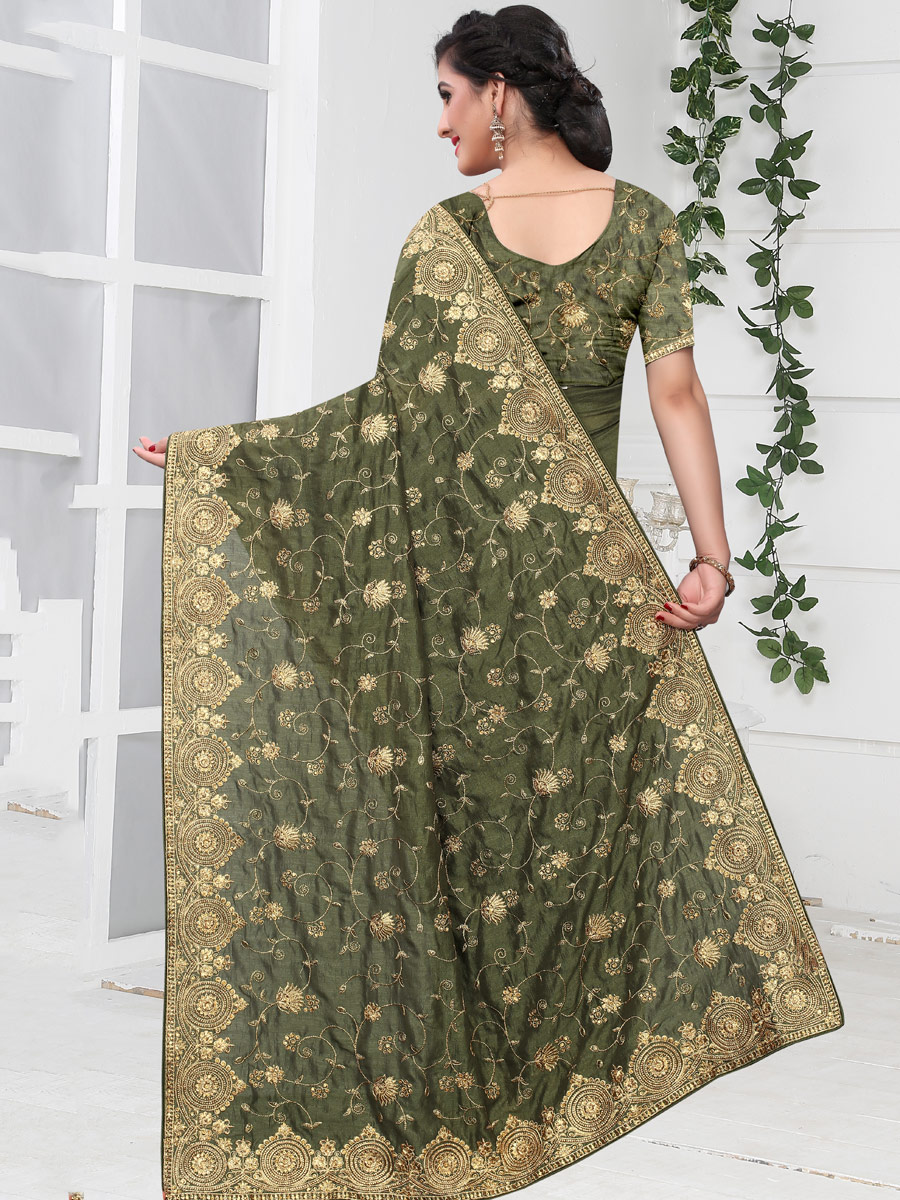 Olive Green Vichitra Silk Embroidered Party Saree