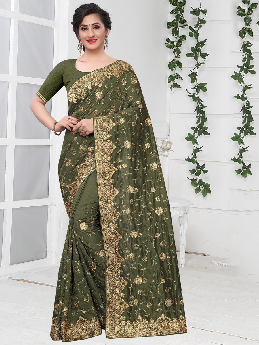 Olive Green Vichitra Silk Embroidered Party Saree