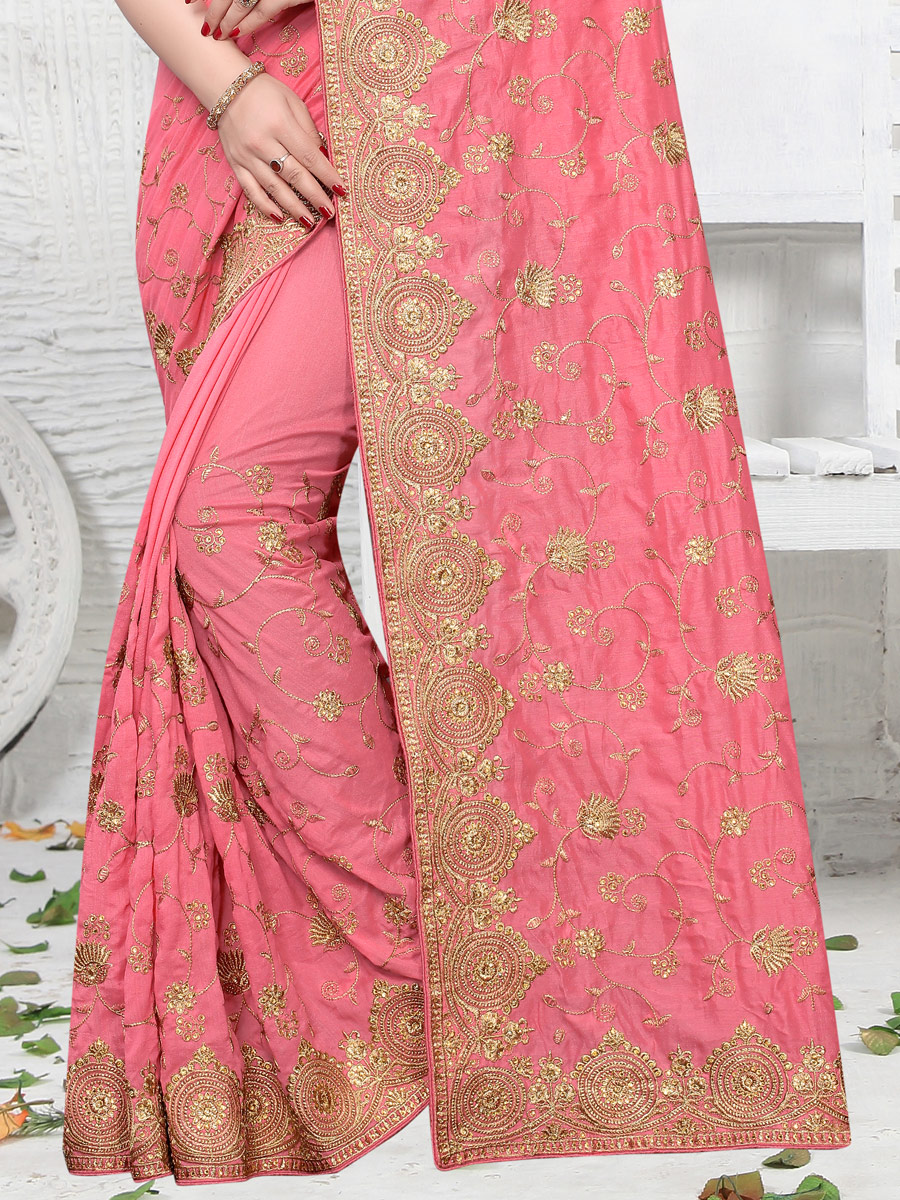 Brink Pink Vichitra Silk Embroidered Party Saree
