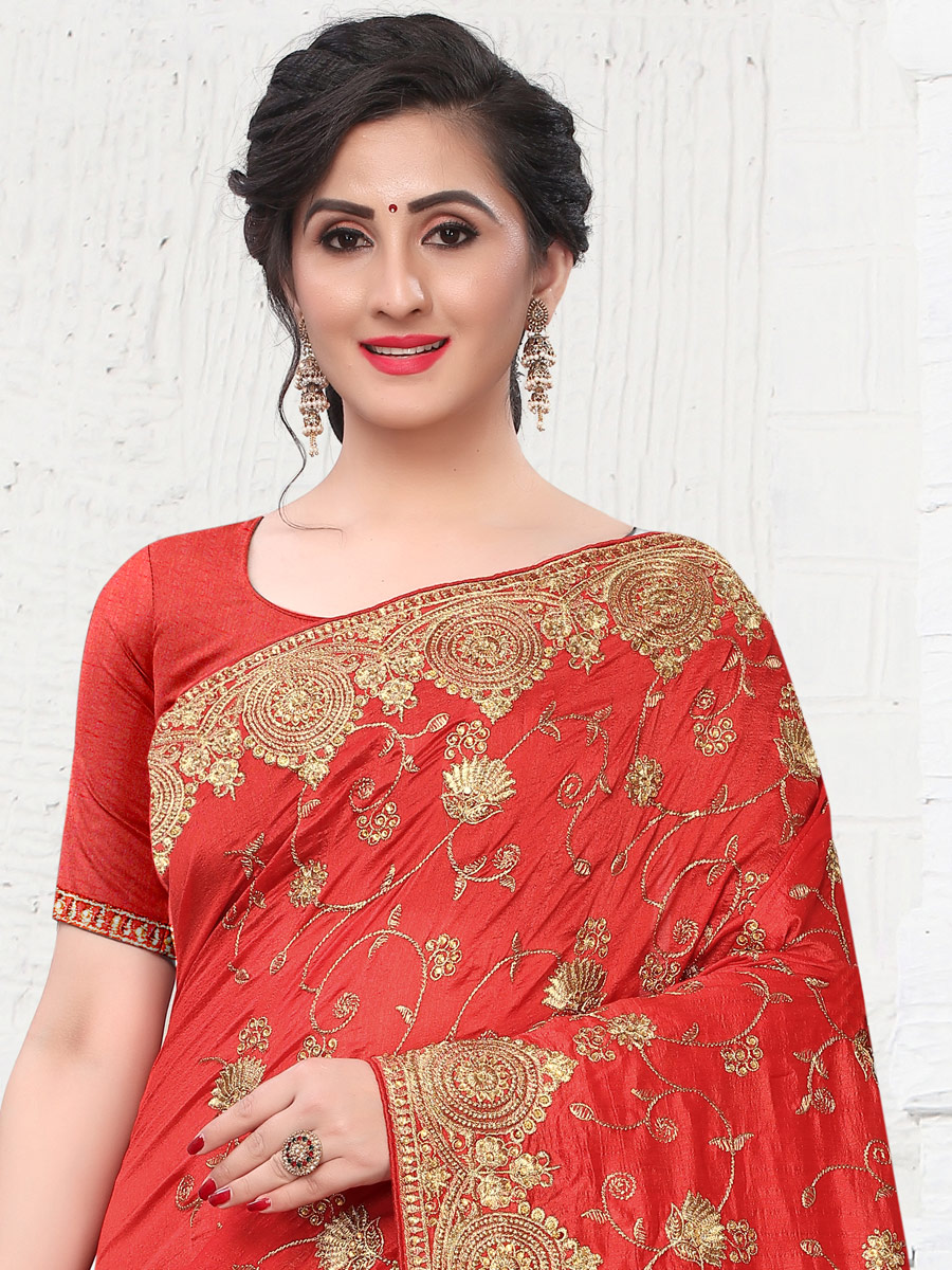 Rose Madder Red Vichitra Silk Embroidered Party Saree