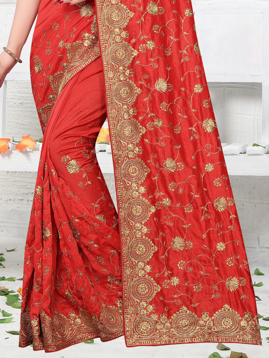 Rose Madder Red Vichitra Silk Embroidered Party Saree