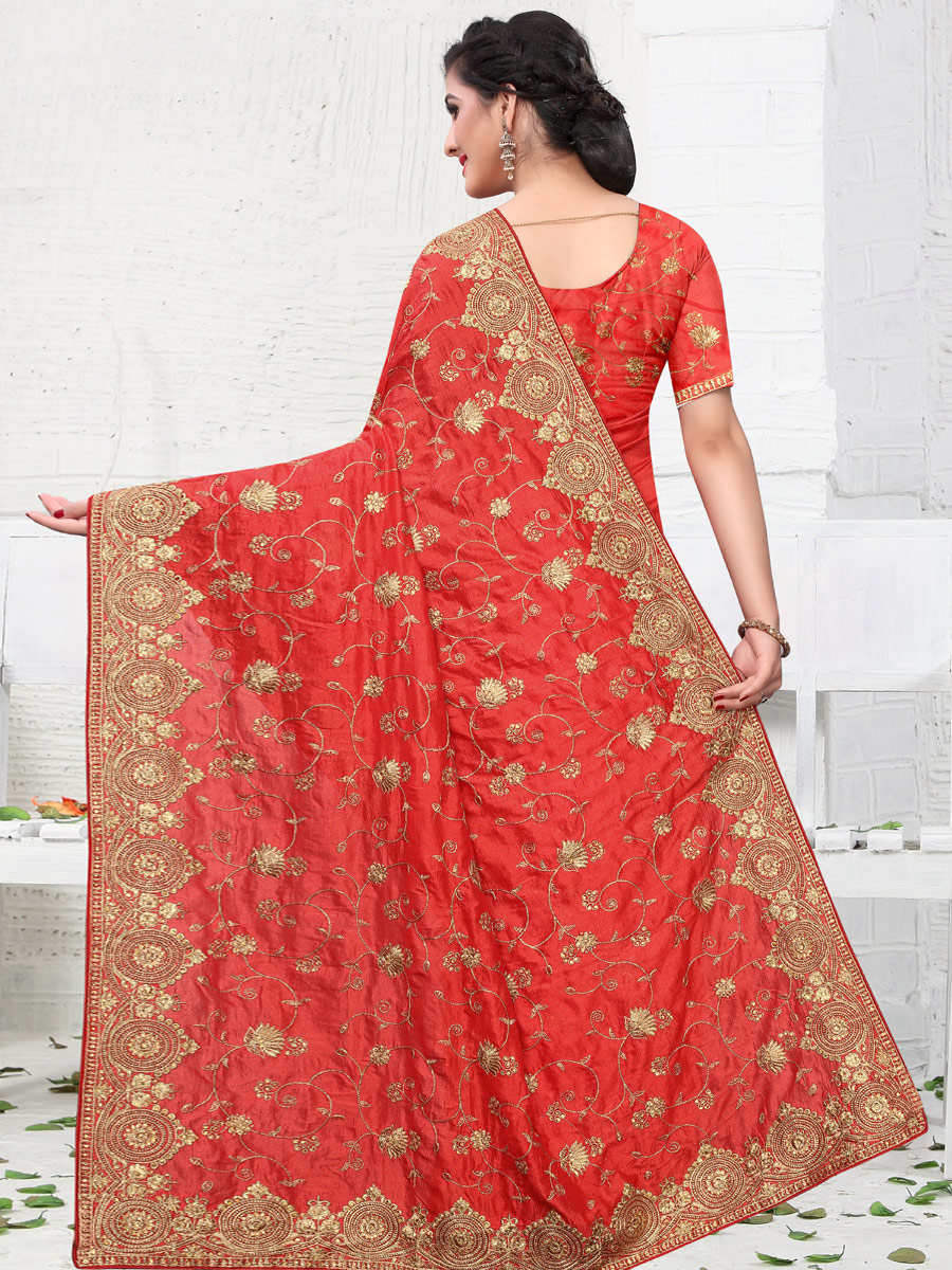 Rose Madder Red Vichitra Silk Embroidered Party Saree