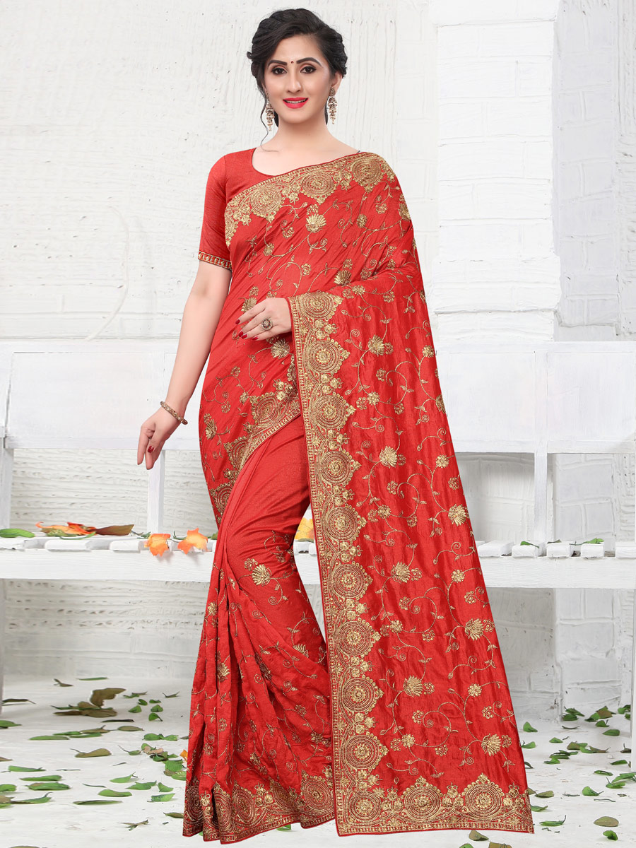 Rose Madder Red Vichitra Silk Embroidered Party Saree
