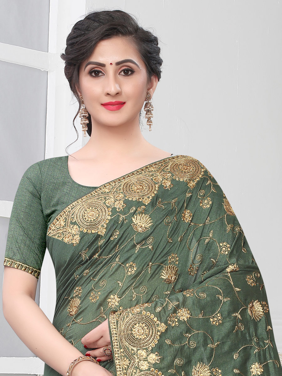 Viridian Green Vichitra Silk Embroidered Party Saree