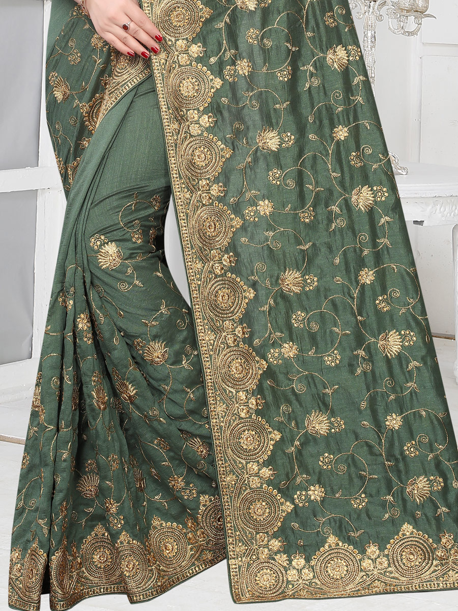 Viridian Green Vichitra Silk Embroidered Party Saree