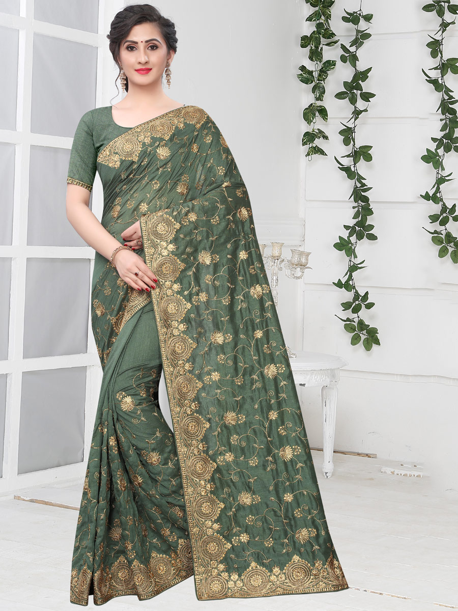Viridian Green Vichitra Silk Embroidered Party Saree