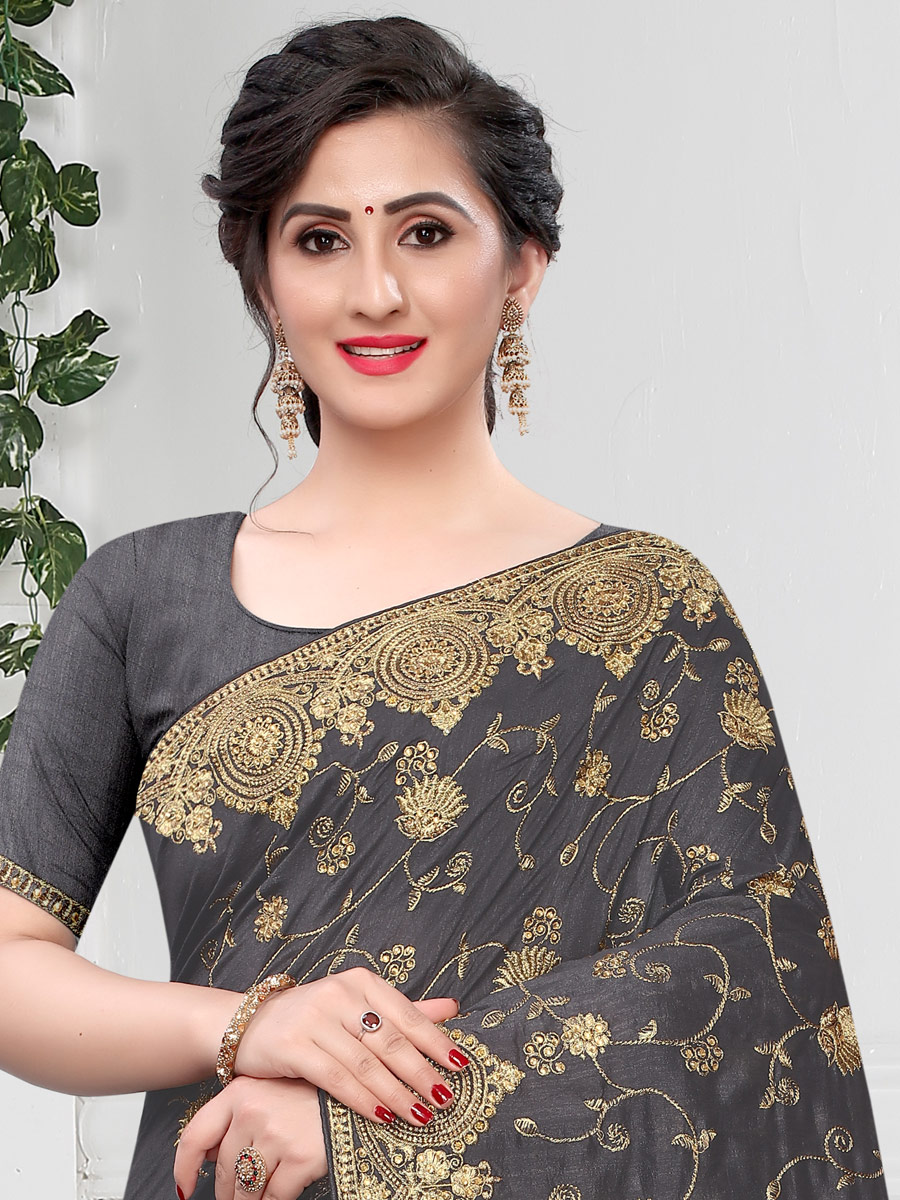 Dark Gray Vichitra Silk Embroidered Party Saree