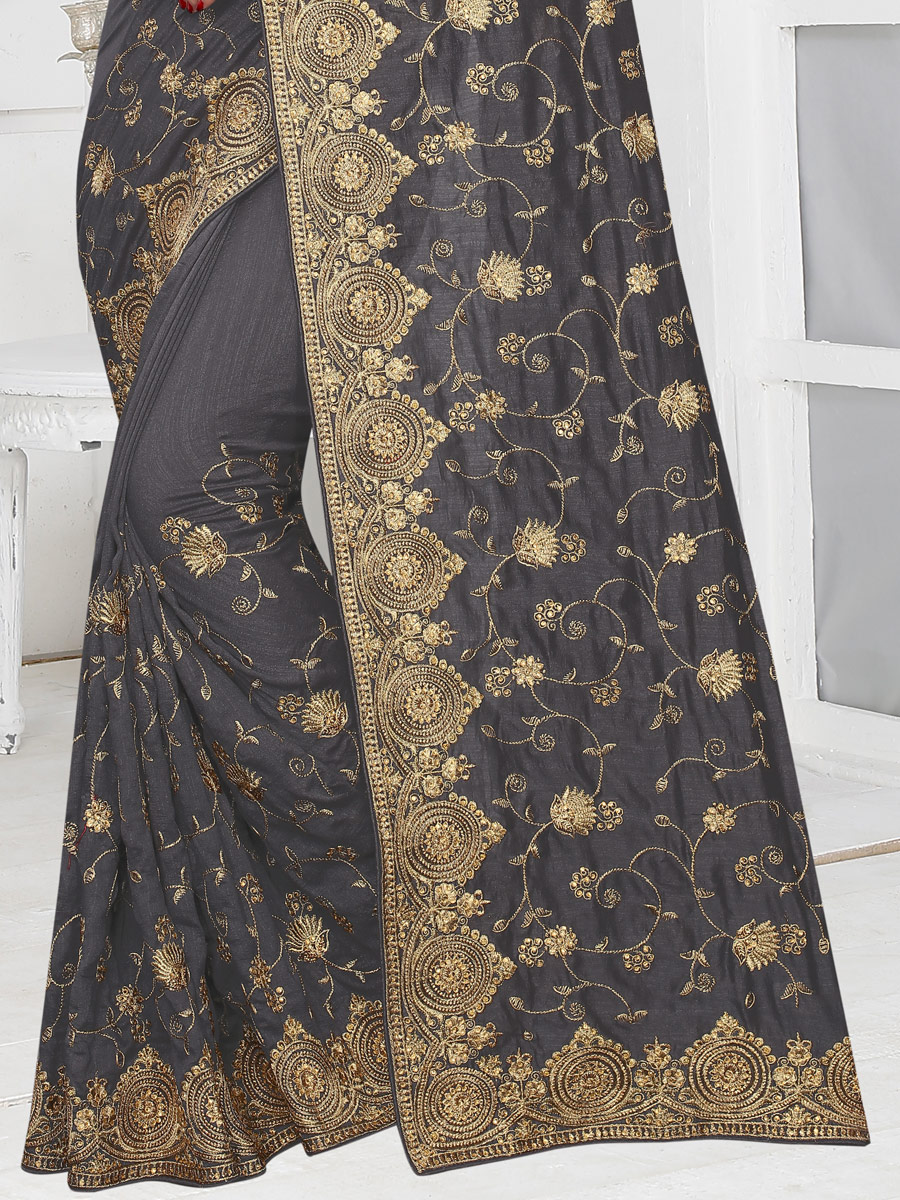 Dark Gray Vichitra Silk Embroidered Party Saree