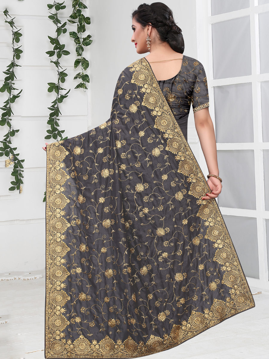 Dark Gray Vichitra Silk Embroidered Party Saree