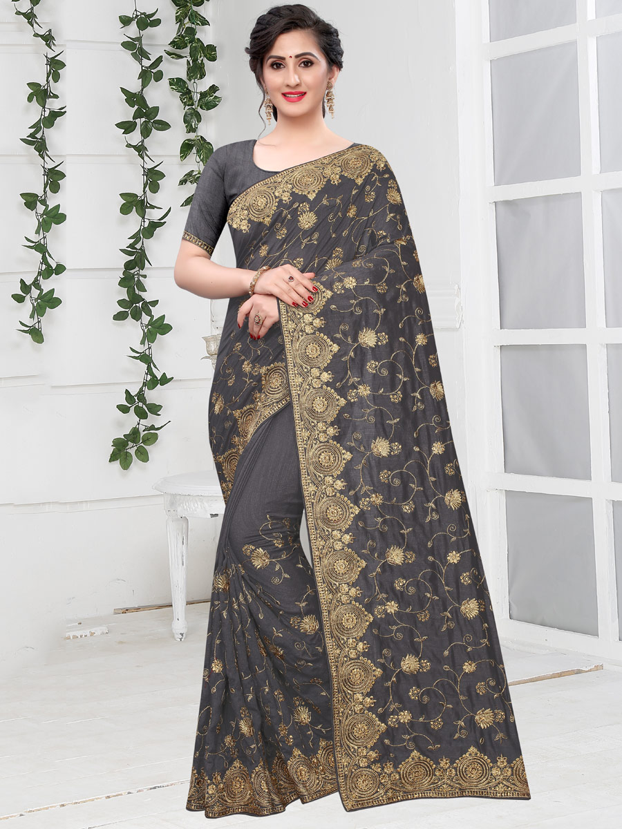 Dark Gray Vichitra Silk Embroidered Party Saree