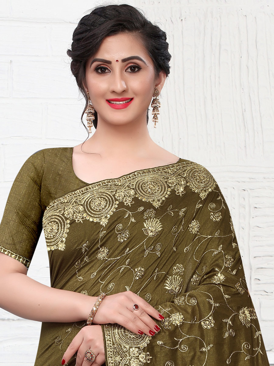 Olive Green Vichitra Silk Embroidered Party Saree