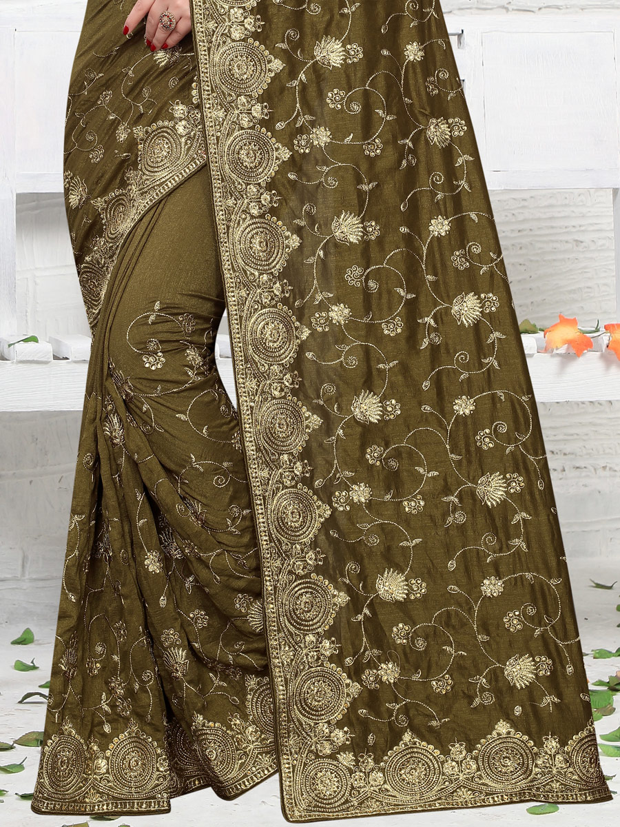 Olive Green Vichitra Silk Embroidered Party Saree