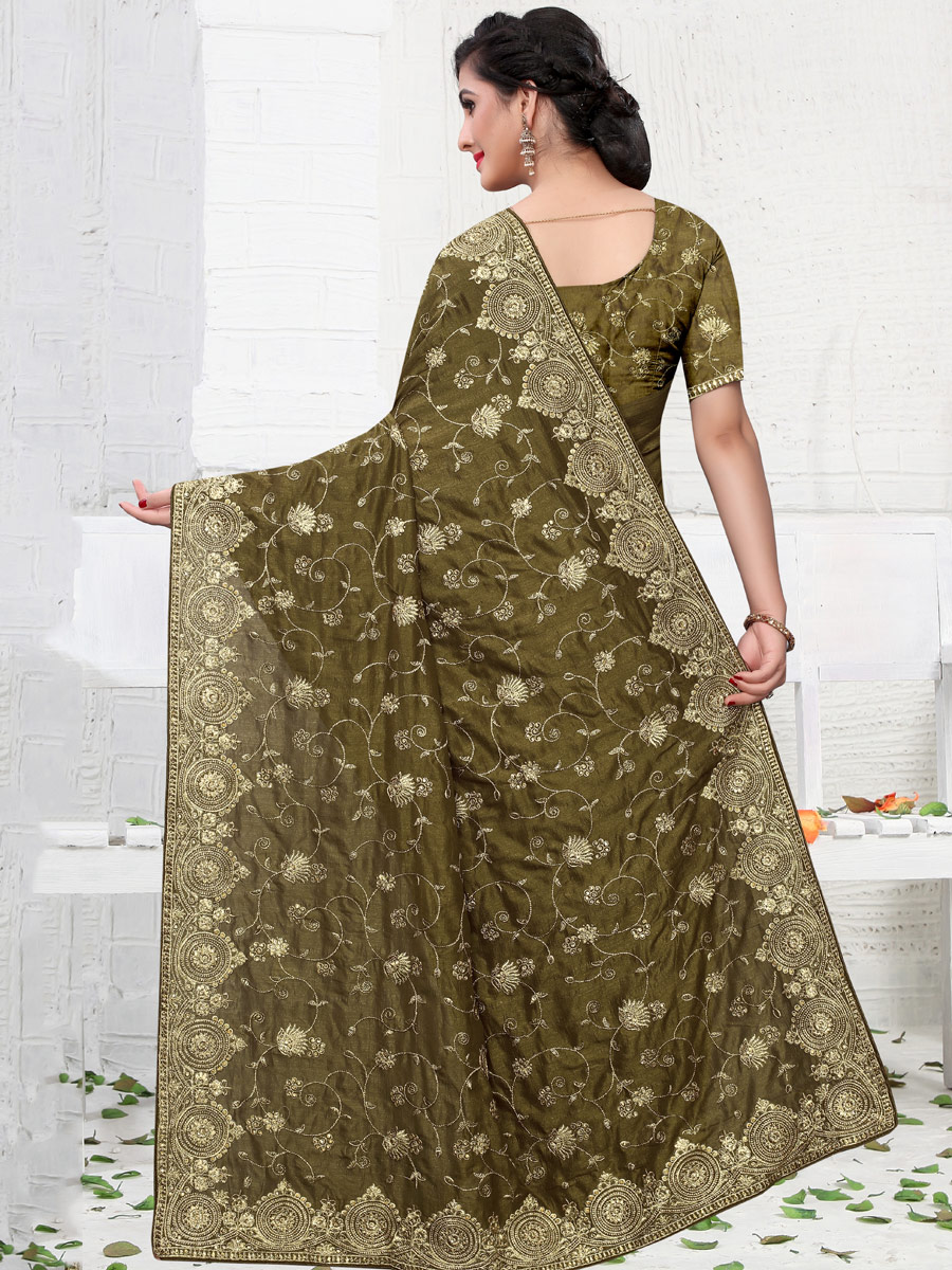 Olive Green Vichitra Silk Embroidered Party Saree