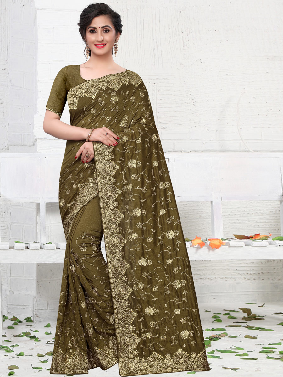 Olive Green Vichitra Silk Embroidered Party Saree