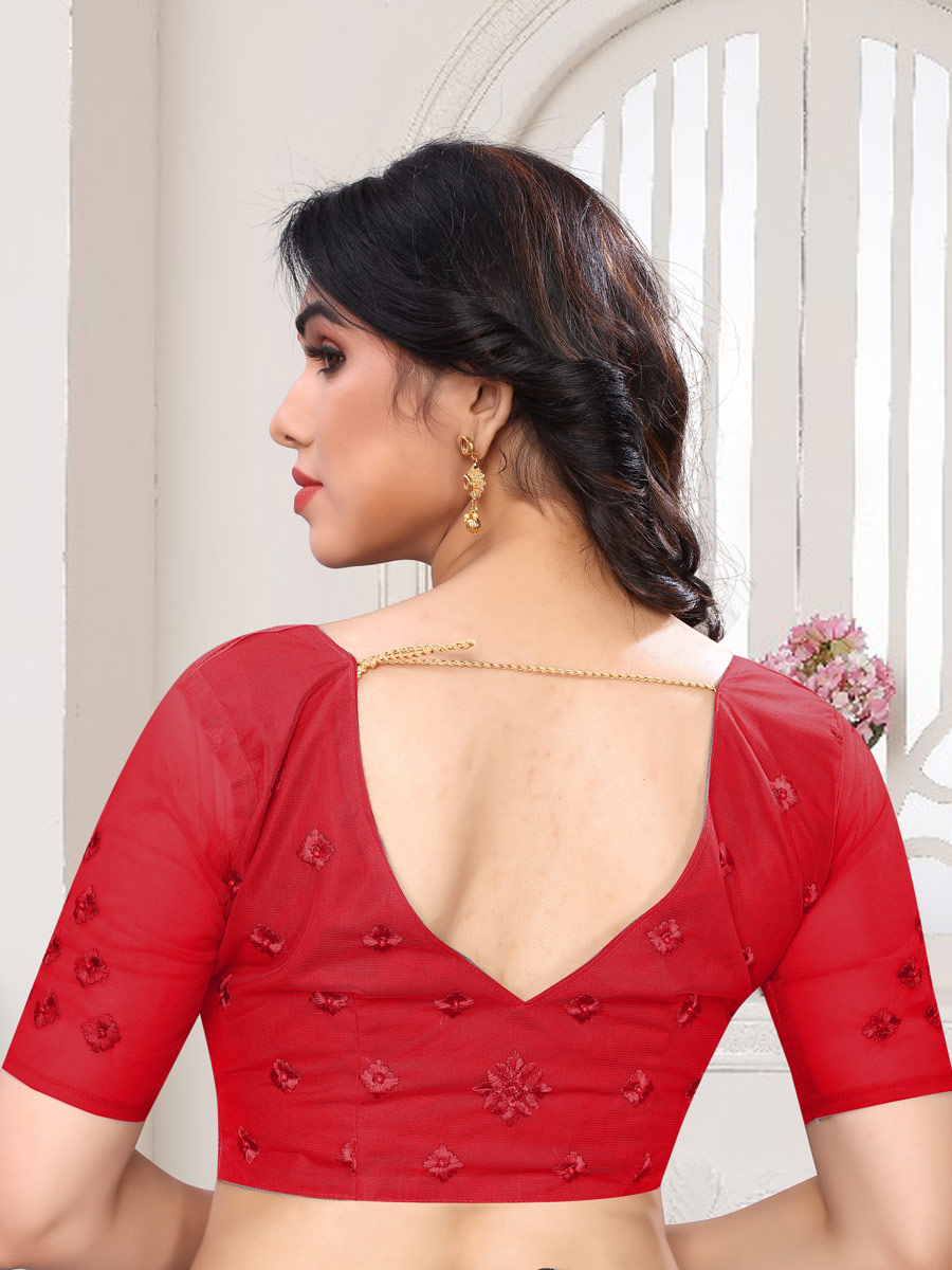 Rose Madder Red Net Embroidered Party Saree