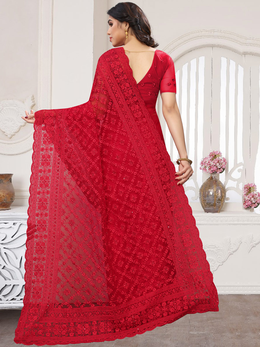 Rose Madder Red Net Embroidered Party Saree
