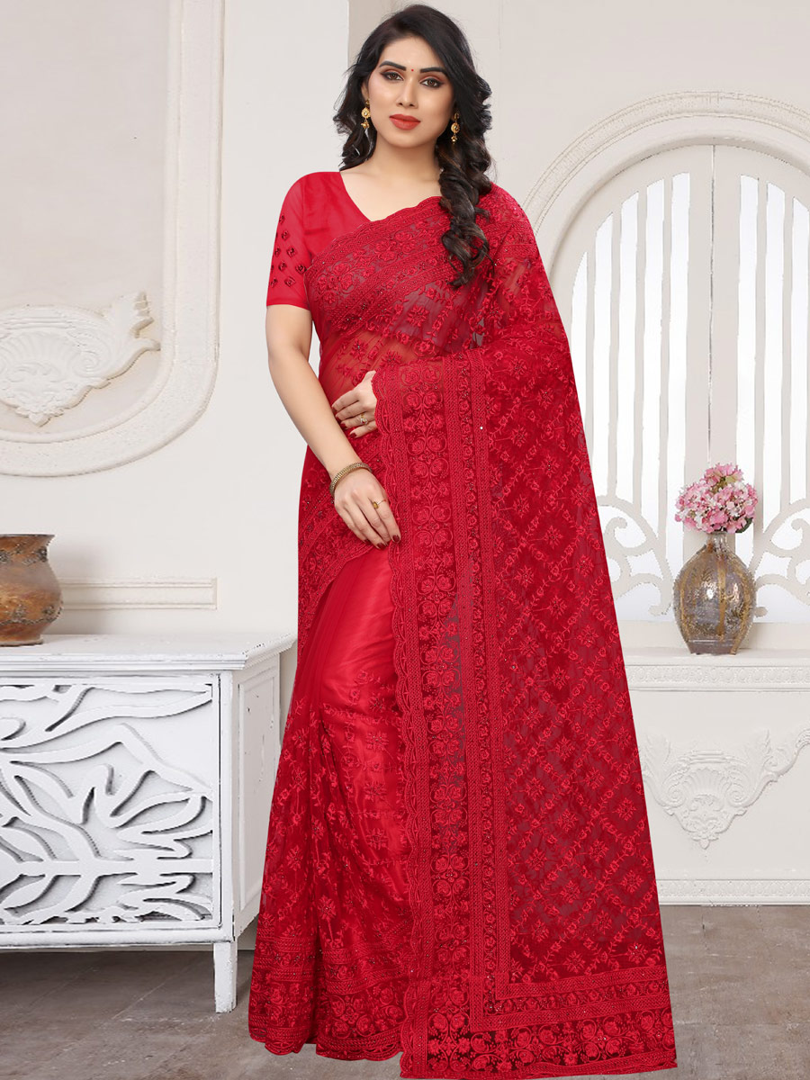 Rose Madder Red Net Embroidered Party Saree
