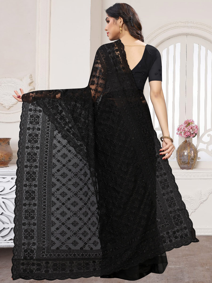 Black Net Embroidered Party Saree