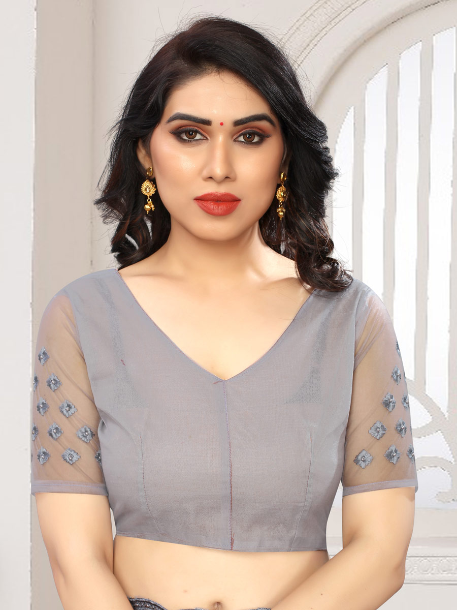 Gray Net Embroidered Party Saree