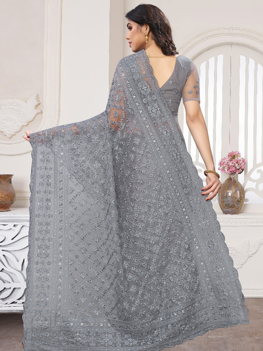 Gray Net Embroidered Party Saree