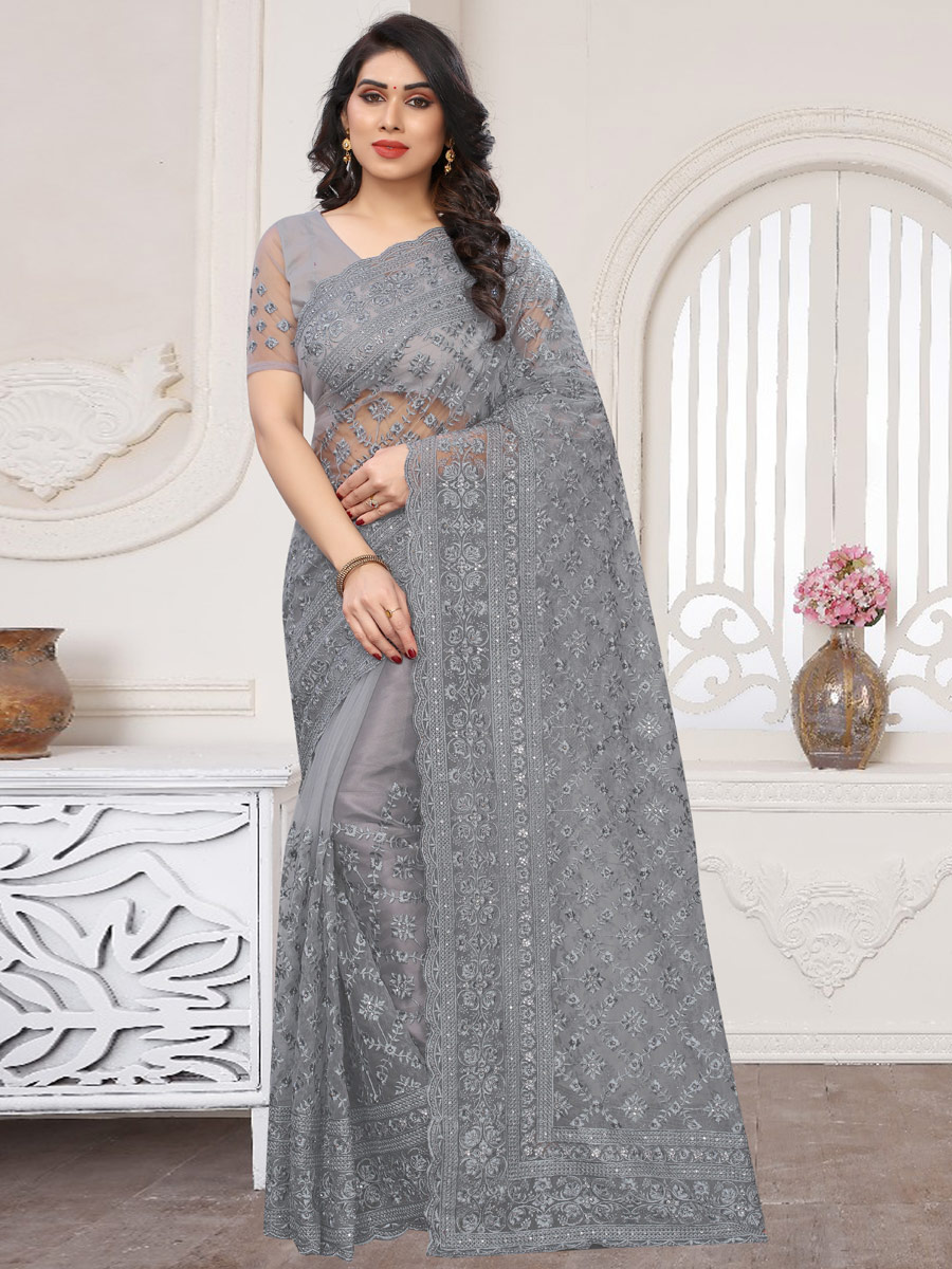 Gray Net Embroidered Party Saree