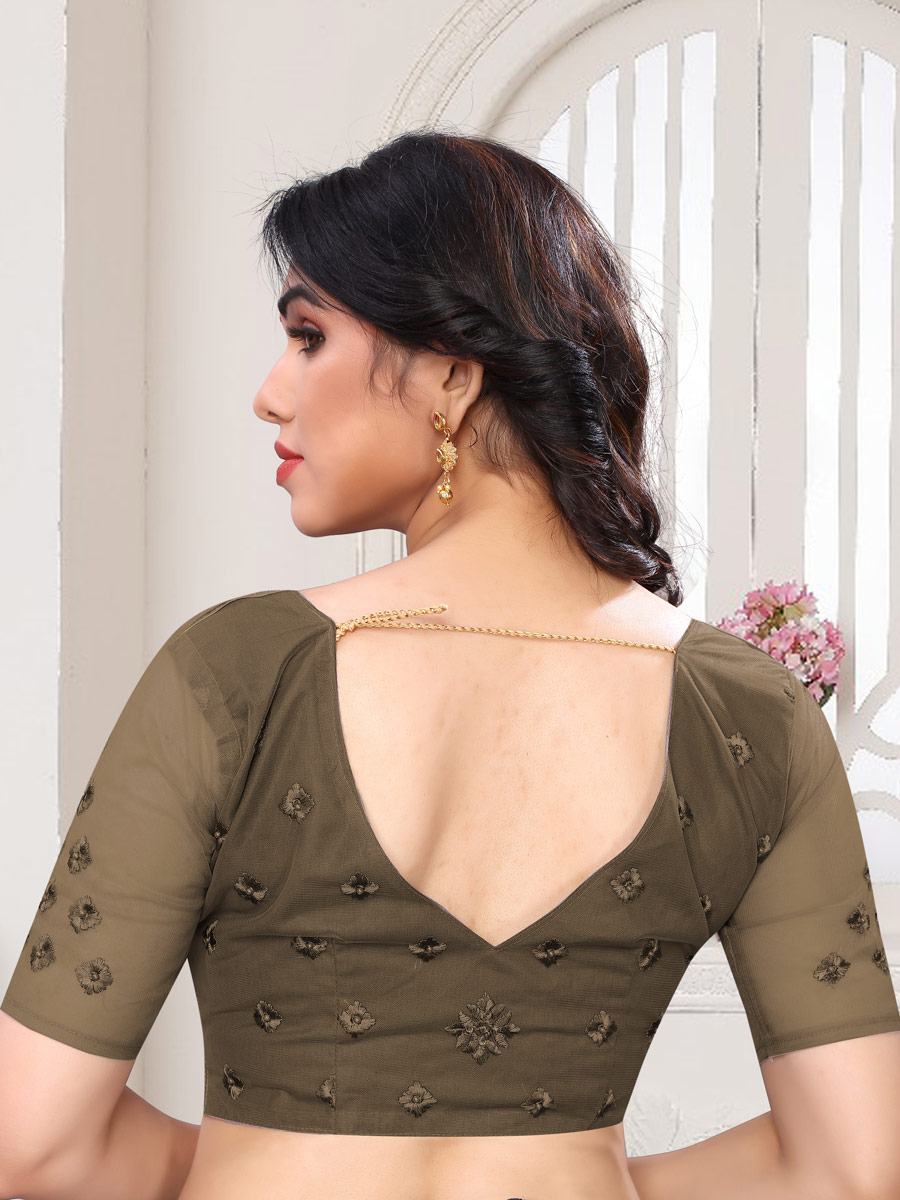 Olive Green Net Embroidered Party Saree